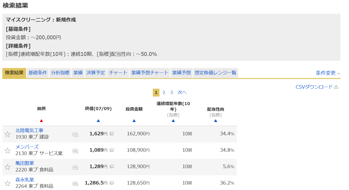 マネックススカウターで連続増配10年以上、配当性向50%以下の銘柄をスクリーニングした画像